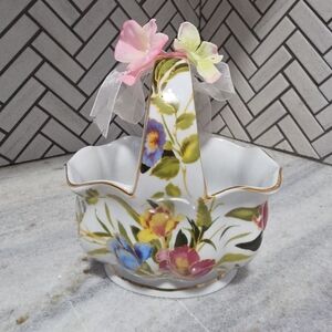 Floral Porcelain Basket with Gold Accents